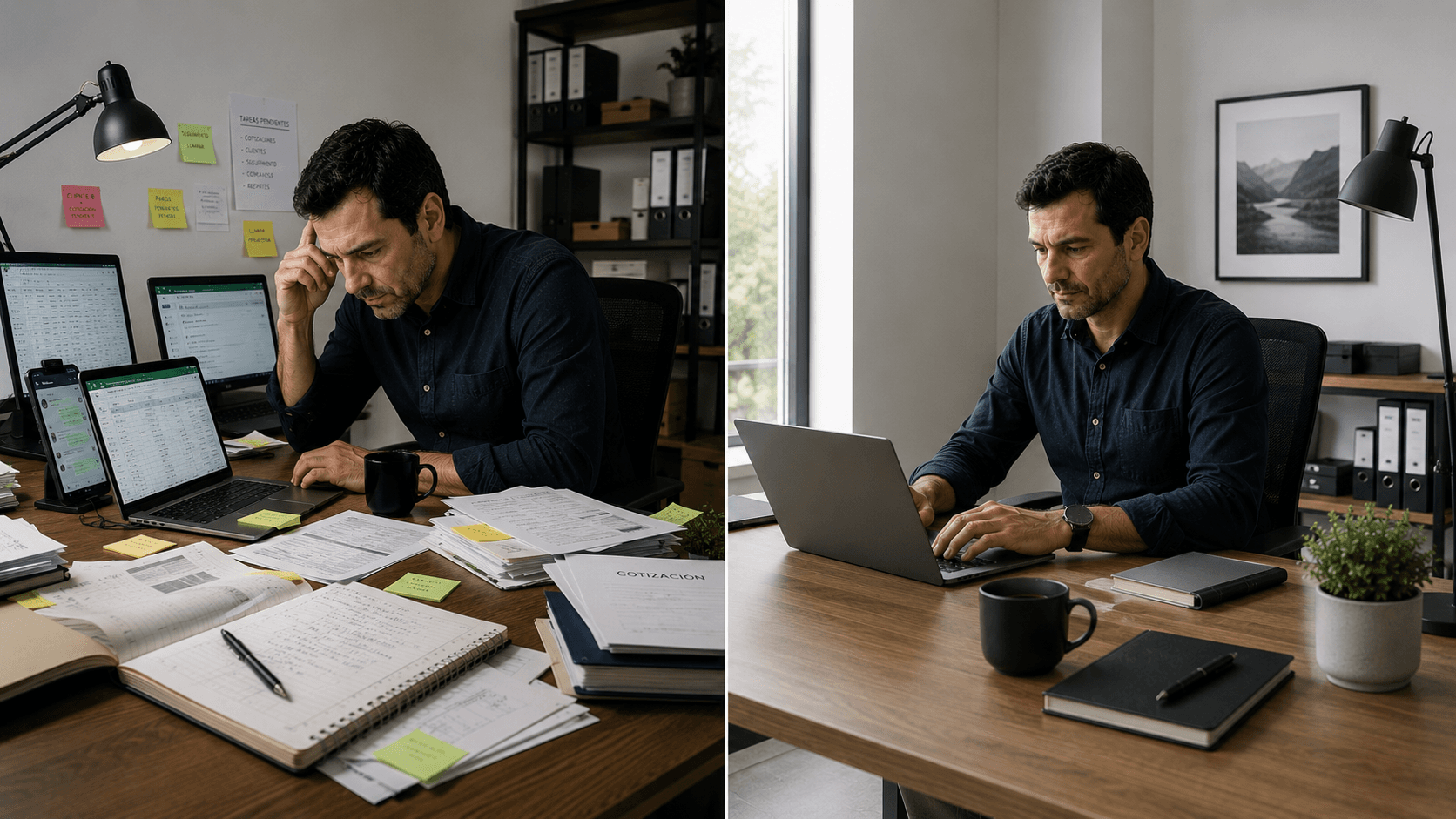 Antes: caos operativo (WhatsApp, Excel, correos) / Después: procesos organizados y control
